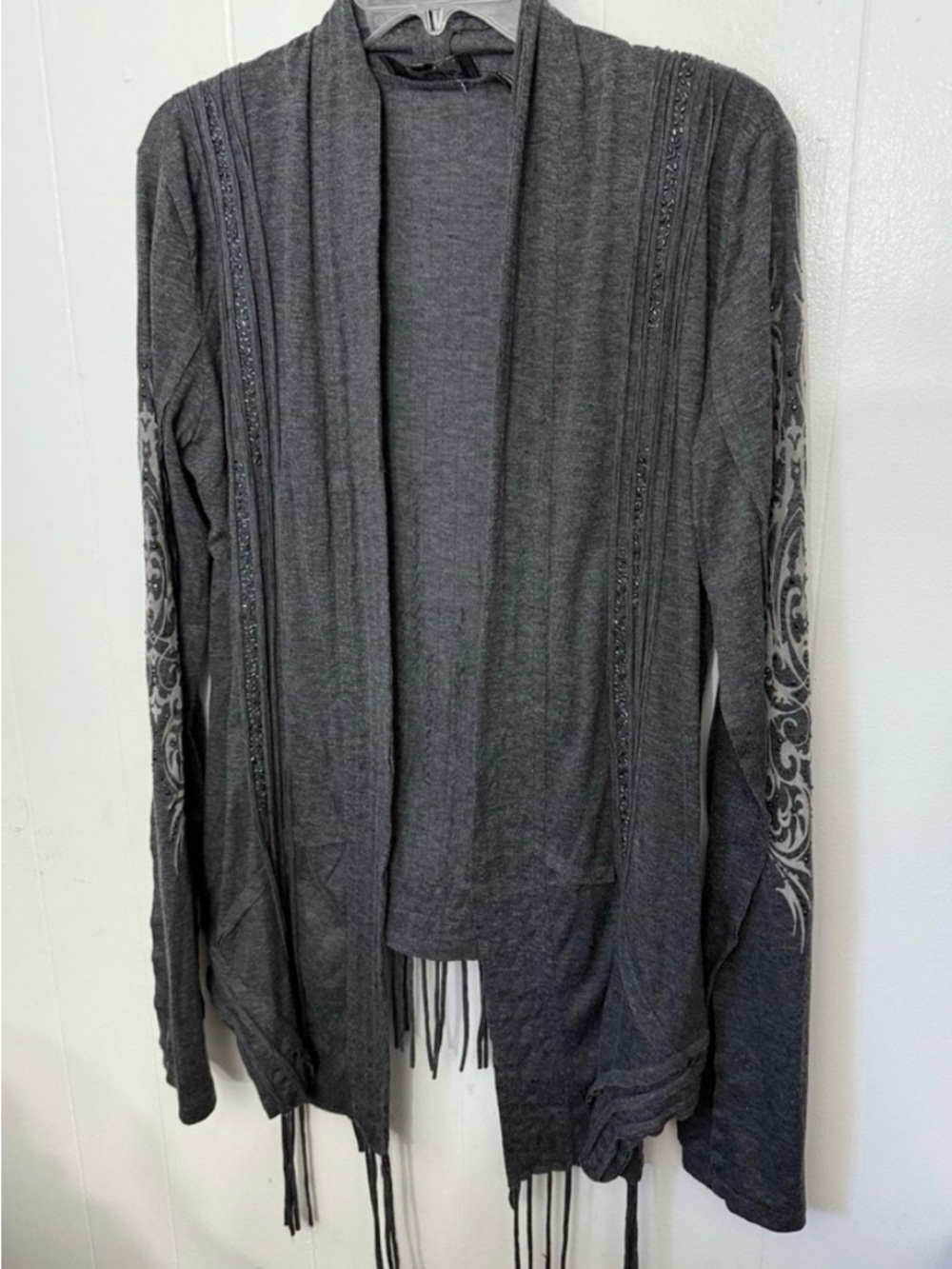 Miss Me Gray Fringe Open Cardigan with Sleeve Scroll Print